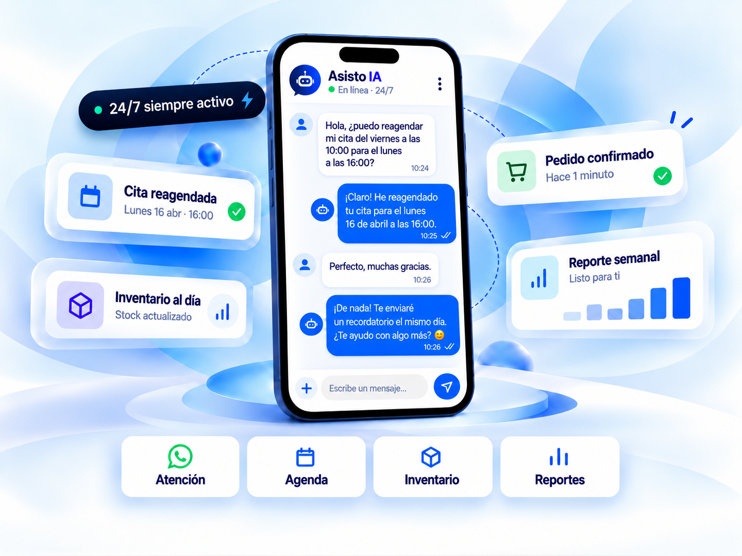 Vista ilustrativa de Asisto IA con atención por WhatsApp, agenda, inventario y reportes